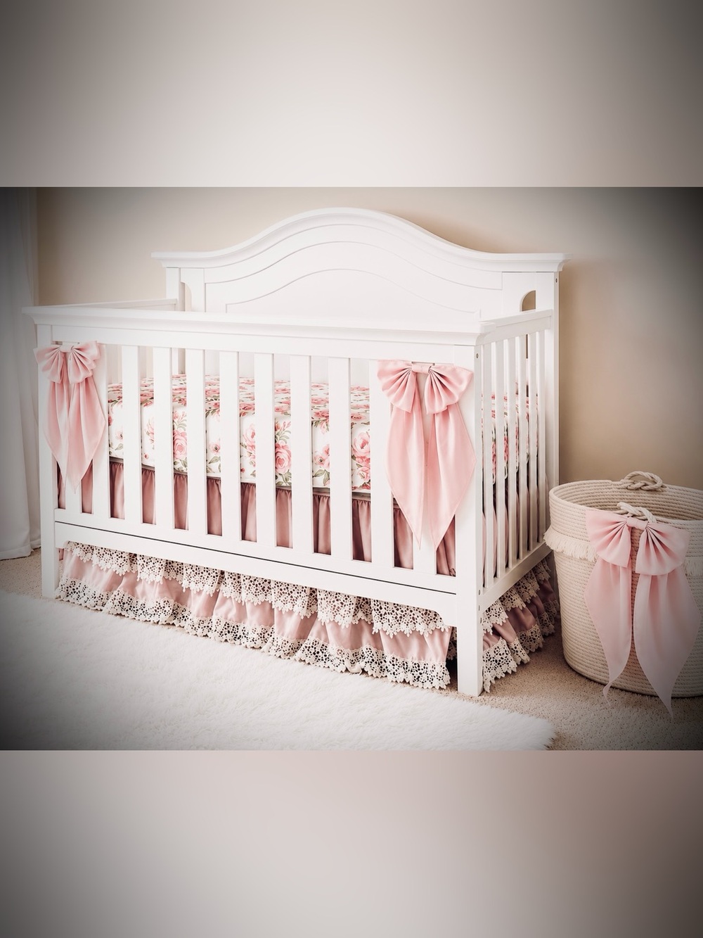 CADEN LANE Deluxe Vintage Pink/Cream Crochet Lace Skirt & 4 Large Crib Bows Set